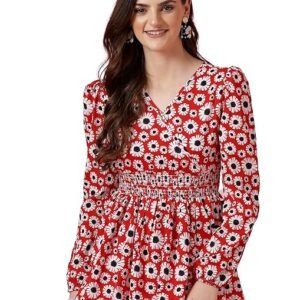 Sheetal Associates Women's Crepe Puff Sleeves Peplum Top with Floral Printed Regular Fit Full Sleeve and V-Neck Maxi Length